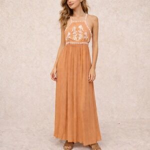 En Creme Orange Rayon Maxi Dress Large Embroidered Floral Halter Boho Summer